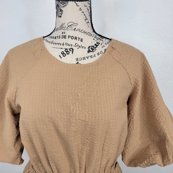 Madewell Dress Small Seersucker Puff Sleeve Cutout NF870 Brown NEW - Picture 3 of 10